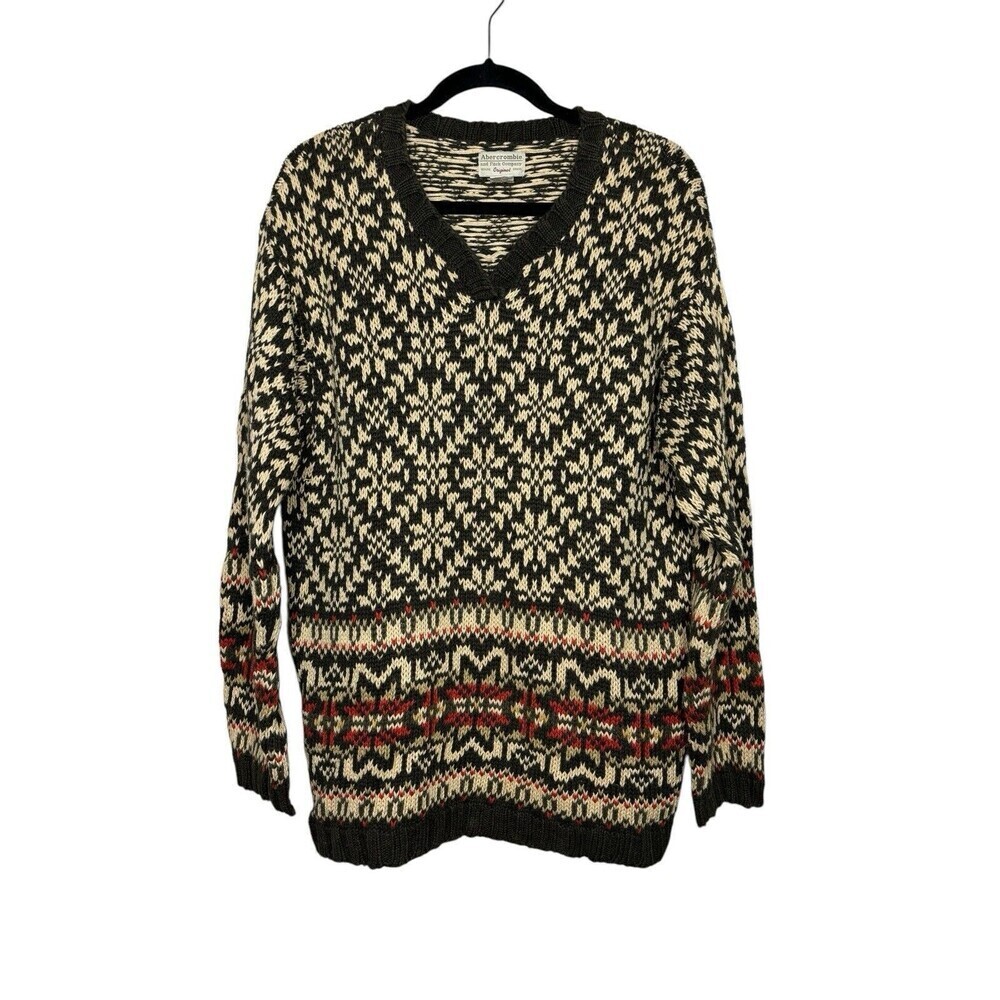 VINTAGE Abercrombie and Fitch Sweater Mens Medium Brown Cable Fair Isle Oarsman - Picture 3 of 9